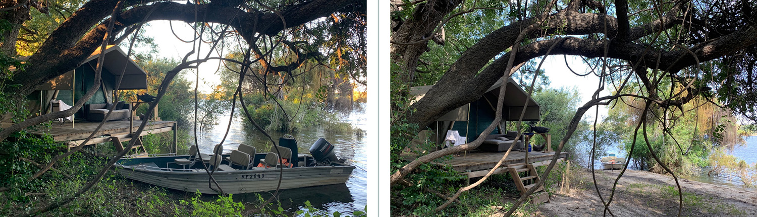 Two pictures of Peter's tent comparing water levels